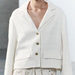 New Zara ZW Collection Textured Front Gold Button Lined Ecru Blazer/Suit Jacket